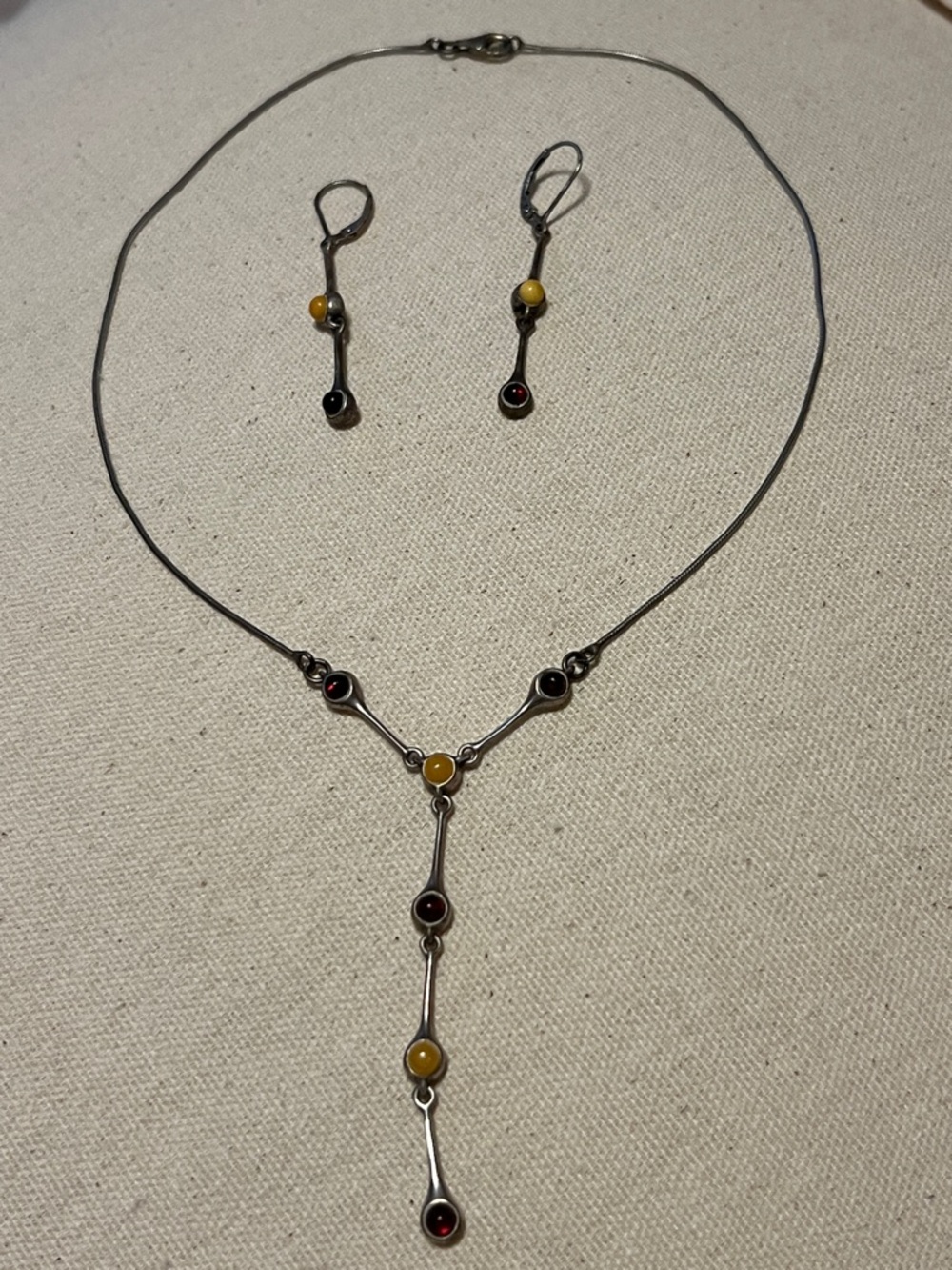 Dark and light Amber/Sterling necklace and earrings